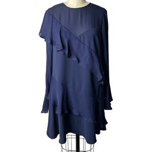 Parker Evony Navy Silk Long Sleeve Ruffle Dress Size Medium